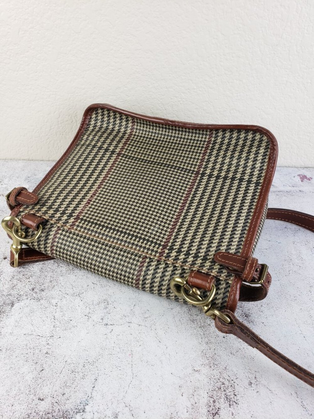 Vintage POLO Ralph Lauren Shoulder Bag Houndstooth Plaid Coated Canvas Leather - Picture 9 of 15